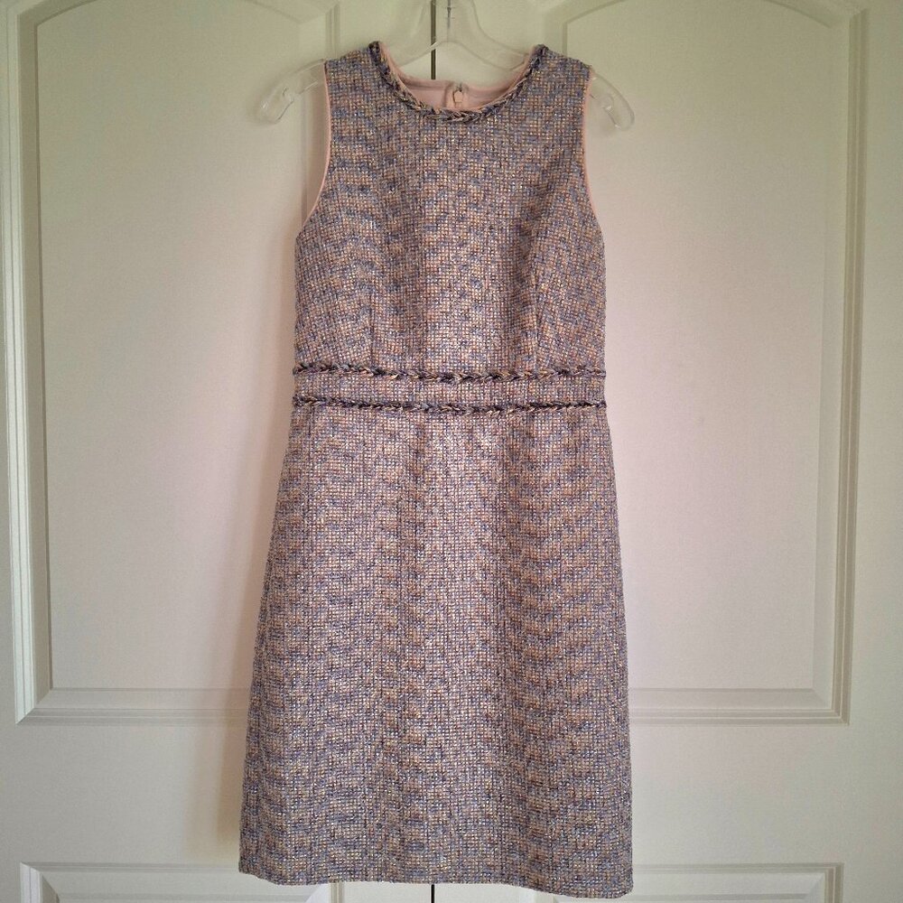 J.Crew Metallic Gold Purple Tweed Sheath Dress Size Small (4)Braided Trim Slee